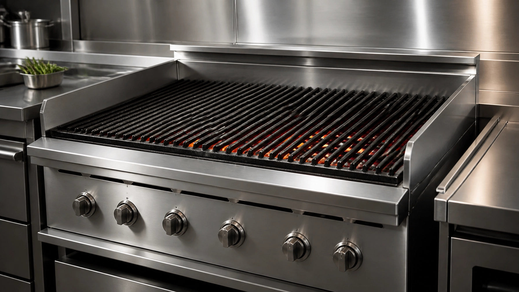Commercial charbroiler with cast iron grates searing steaks over open flame on a restaurant cookline
