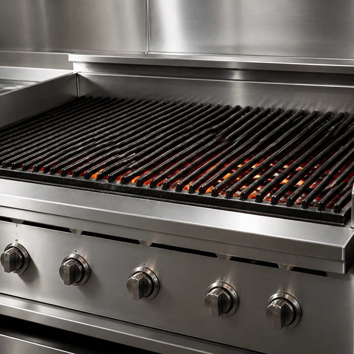 Commercial charbroiler with cast iron grates searing steaks over open flame on a restaurant cookline