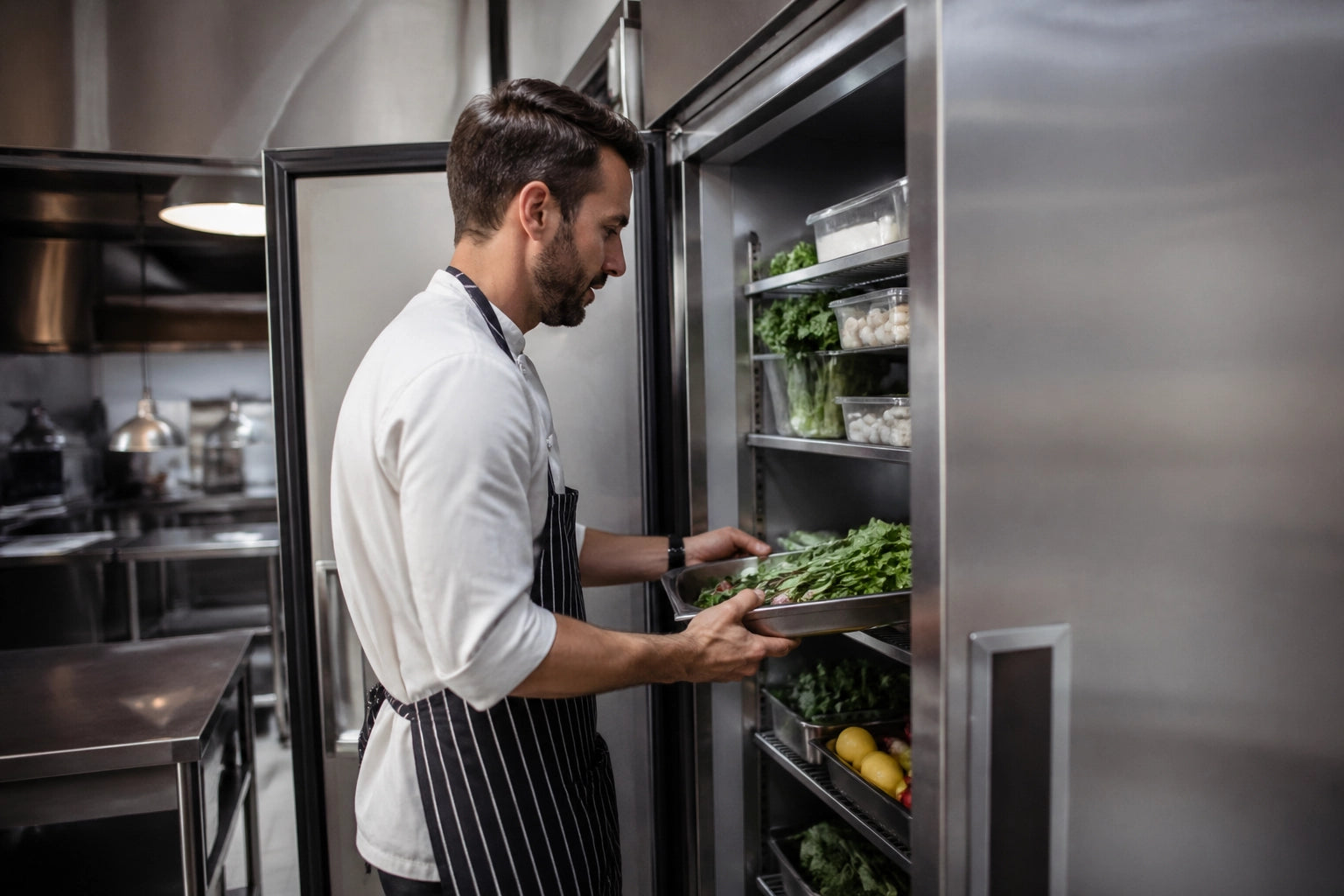 A professional stainless steel commercial reach-in refrigerator and freezer standing in a modern restaurant kitchen, ready for fast delivery.