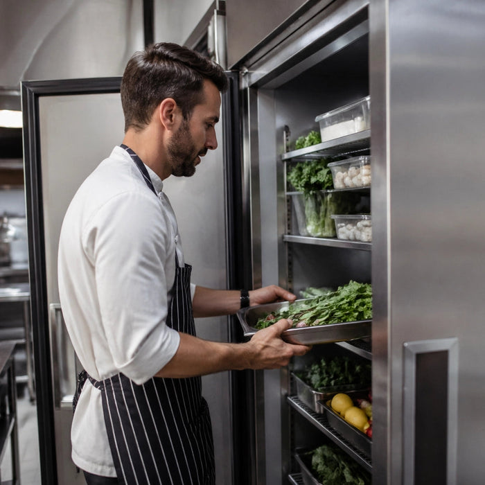 A professional stainless steel commercial reach-in refrigerator and freezer standing in a modern restaurant kitchen, ready for fast delivery.