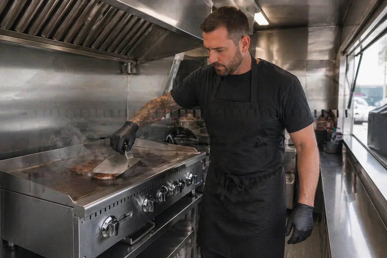 A professional chef in a food truck kitchen smashing a burger on a heavy-duty stainless steel propane griddle