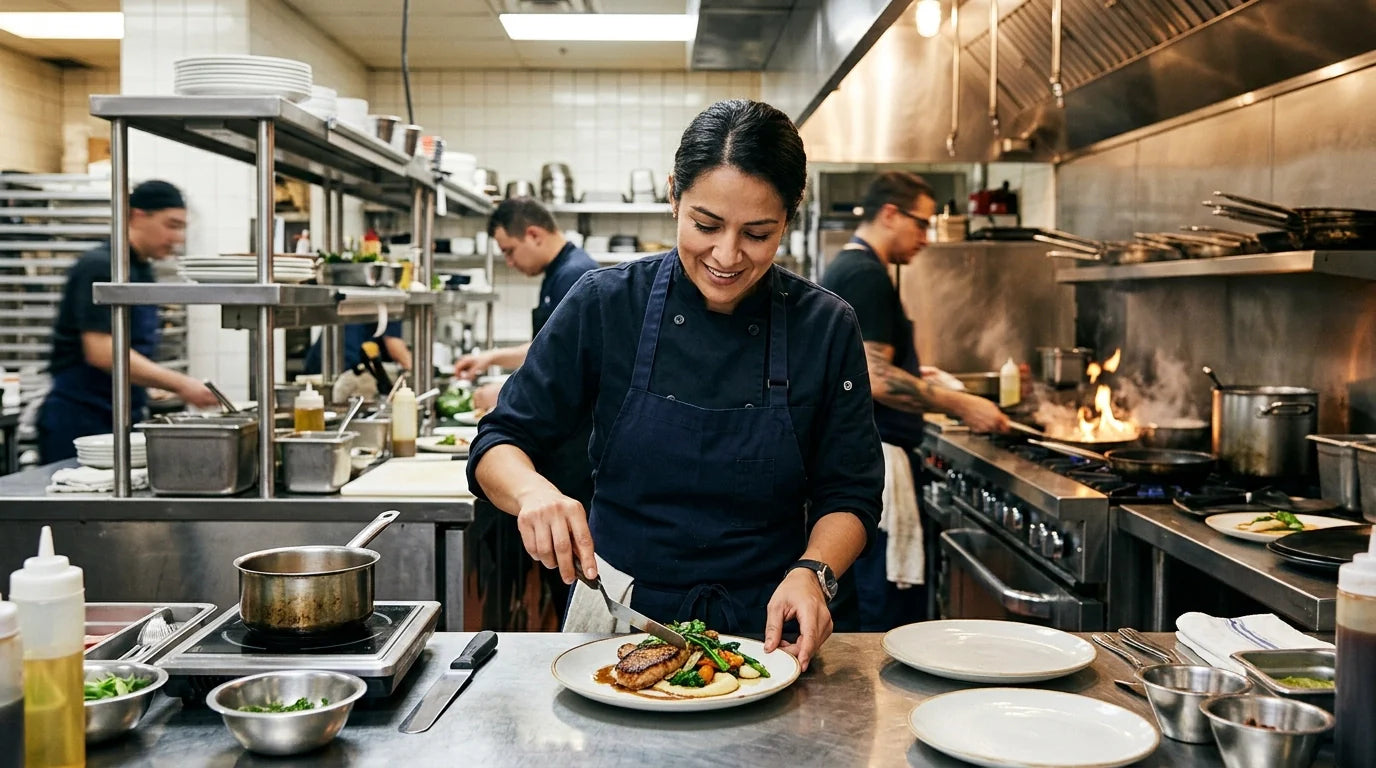 Professional chef working in a high-energy commercial kitchen with stainless steel surroundings