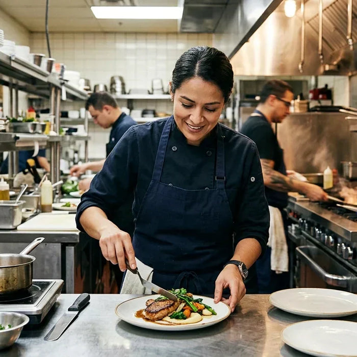 Professional chef working in a high-energy commercial kitchen with stainless steel surroundings