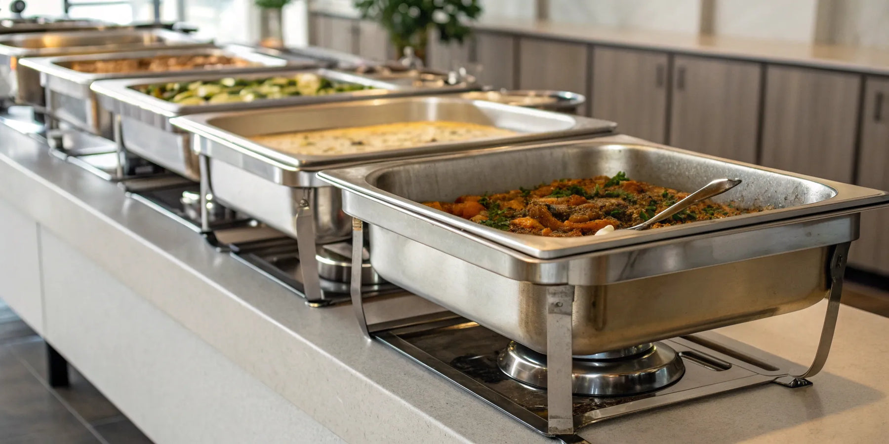 Various sizes of stainless steel catering pans holding hot food on a buffet.