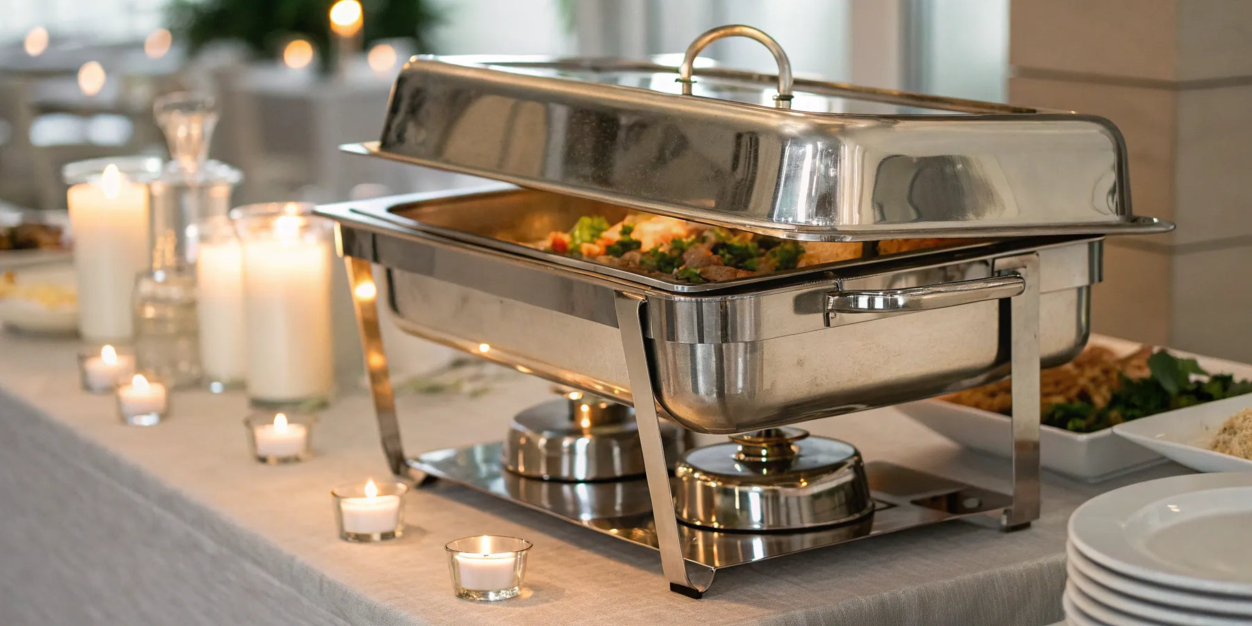 Chafing dish with lid open on a buffet table.