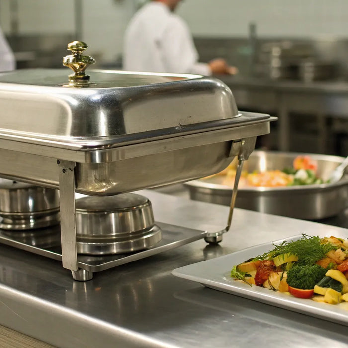 A chafing dish and a chef's signature dish on a kitchen counter.