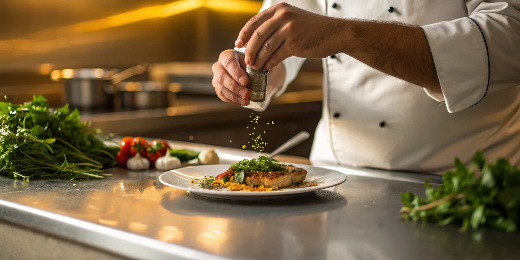 Chef adds herbs to gourmet dish.