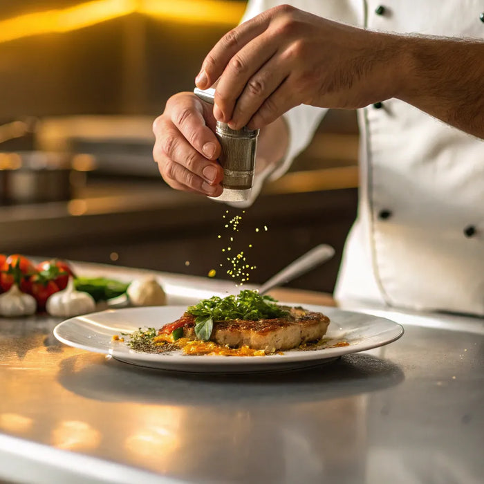 Chef adds herbs to gourmet dish.