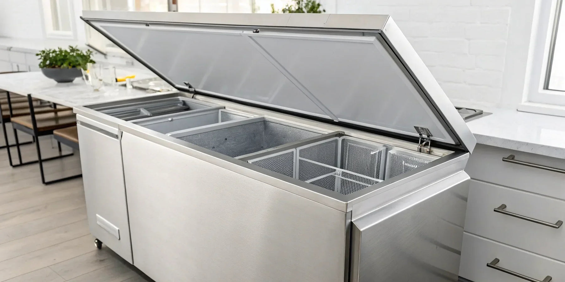 Stainless steel chest freezer with auto defrost, open in a modern kitchen.