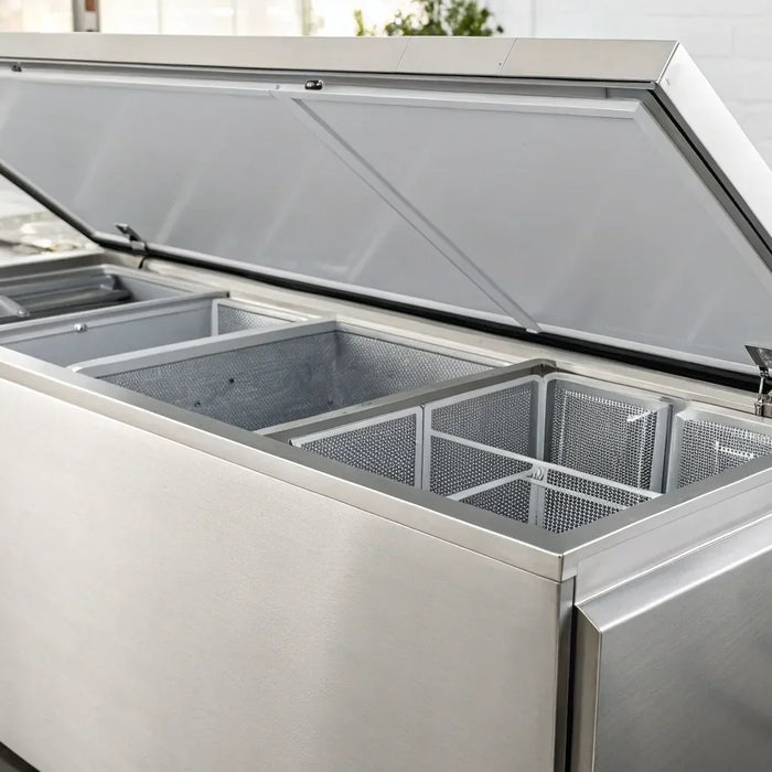 Stainless steel chest freezer with auto defrost, open in a modern kitchen.