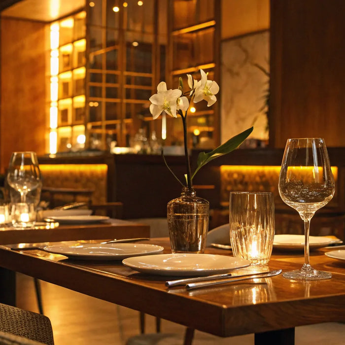 Upscale Chicago dining: Cozy ambiance, set tables, and soft lighting.