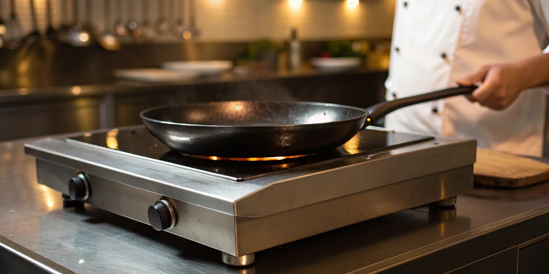 Chef searing food on a commercial hot plate in a professional kitchen.