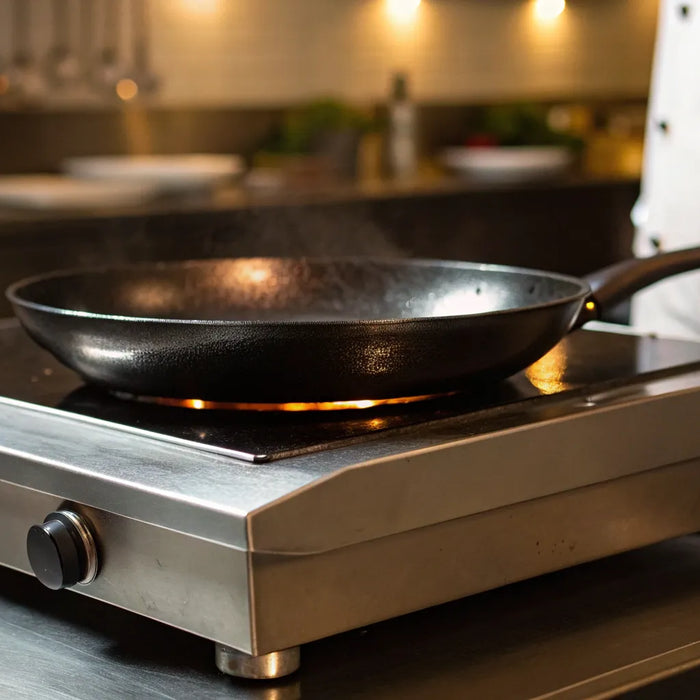 Chef searing food on a commercial hot plate in a professional kitchen.