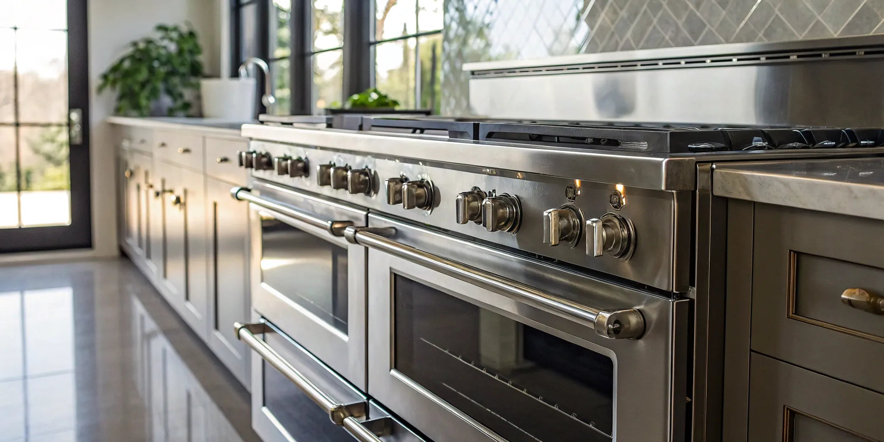 Stainless steel commercial cooking range with an integrated oven and multiple burners.