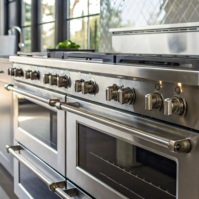 Stainless steel commercial cooking range with an integrated oven and multiple burners.