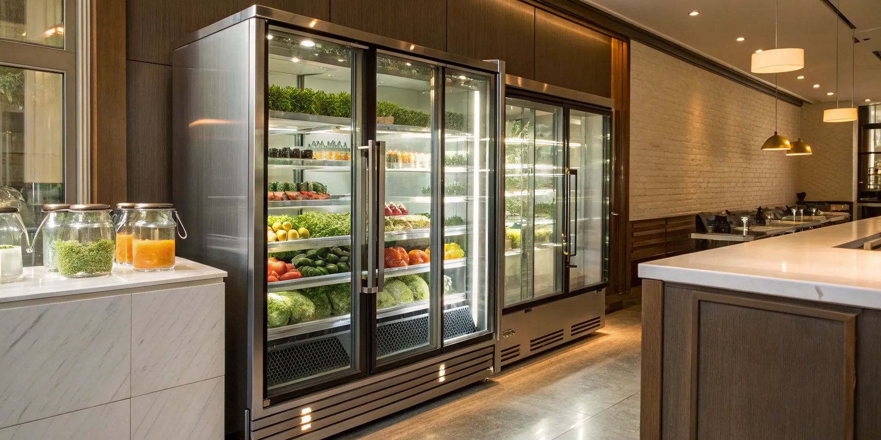 Commercial display coolers with glass doors showing organized products in a restaurant.