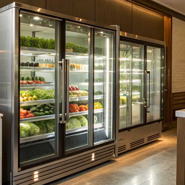 Commercial display coolers with glass doors showing organized products in a restaurant.