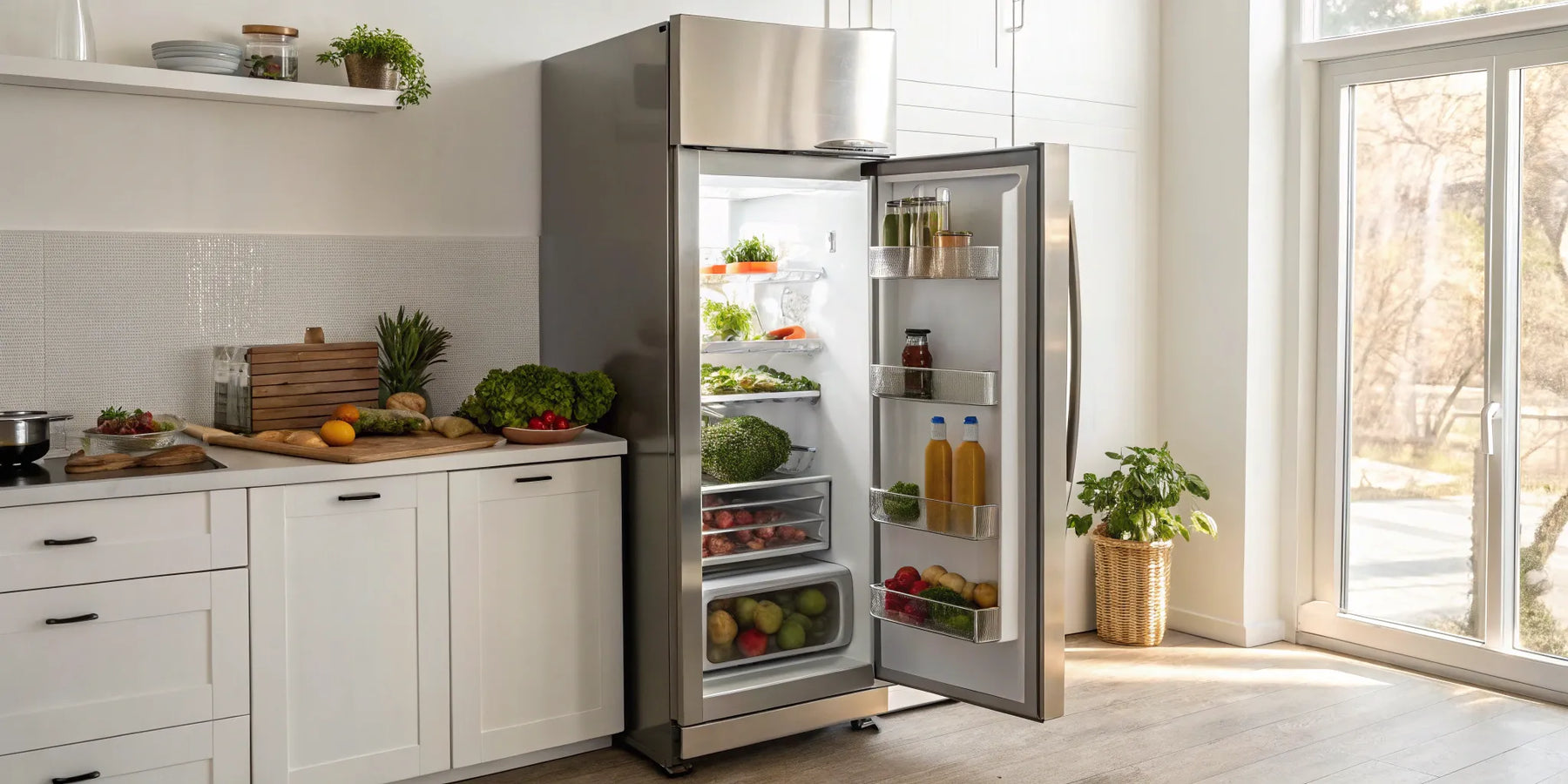 Commercial refrigerator with stainless steel door.