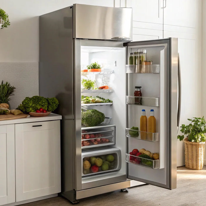 Commercial refrigerator with stainless steel door.