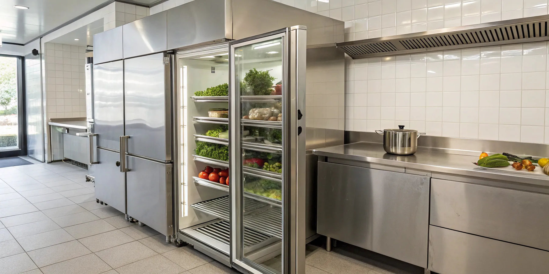 Commercial refrigerator with open door displaying fresh produce.
