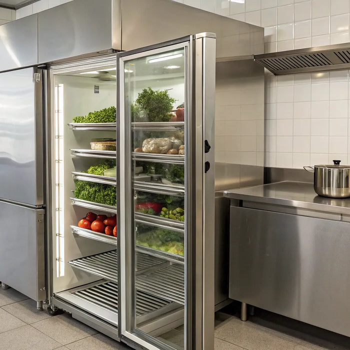 Commercial refrigerator with open door displaying fresh produce.