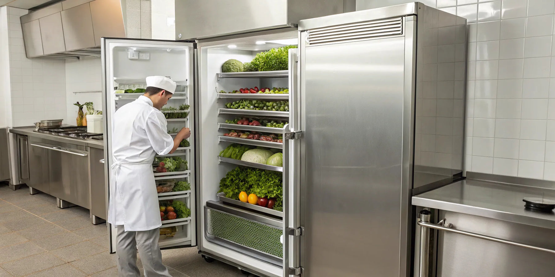 Commercial reach-in refrigerator stocked with fresh produce.