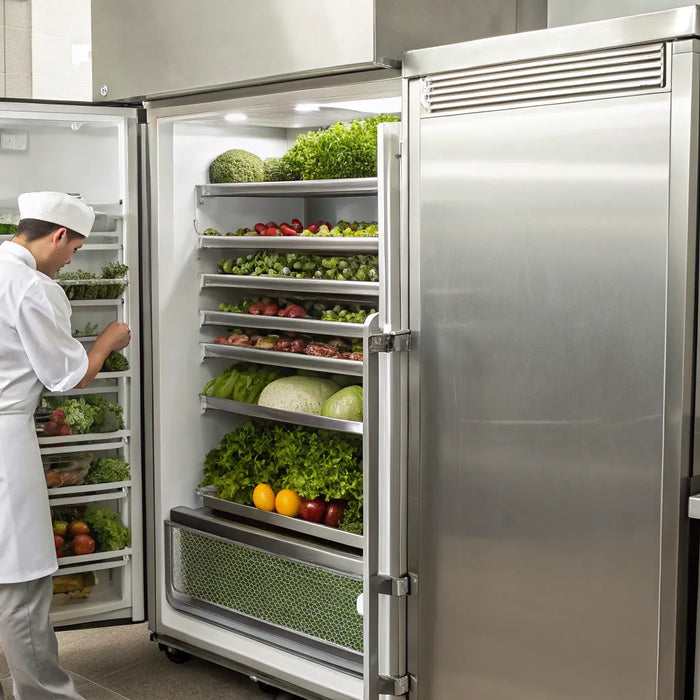 Commercial reach-in refrigerator stocked with fresh produce.