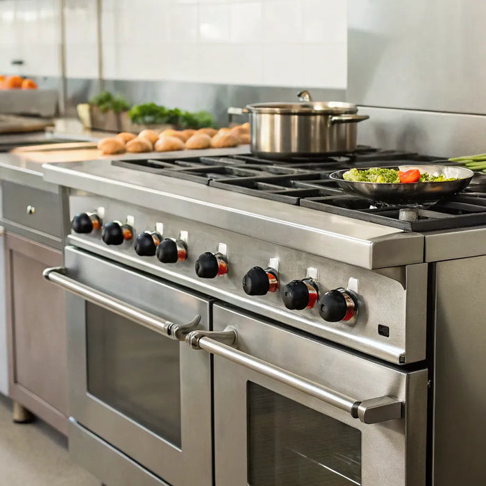 Stainless steel cooking range with oven and multiple burners.
