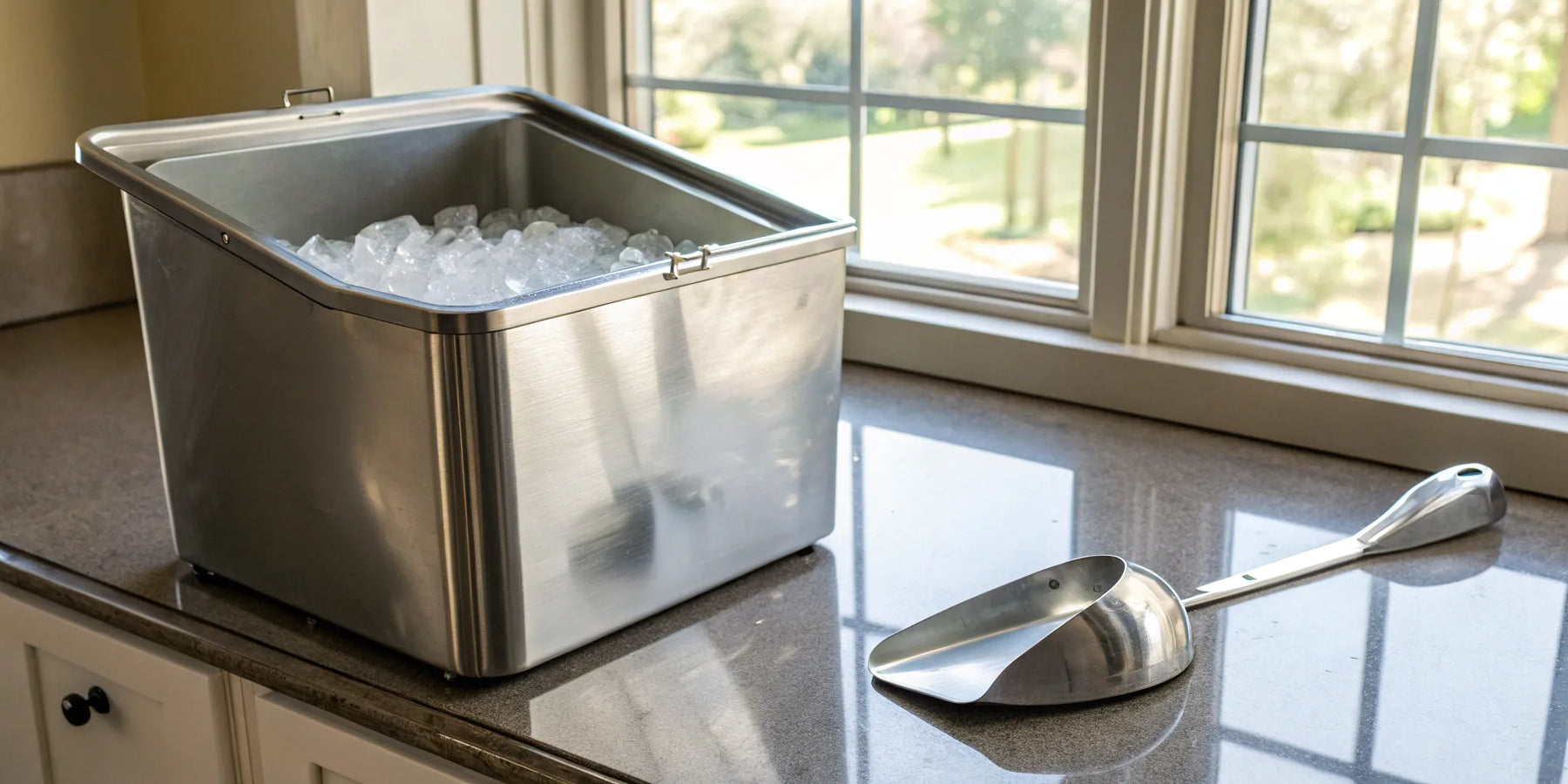 Commercial ice bin filled with ice.