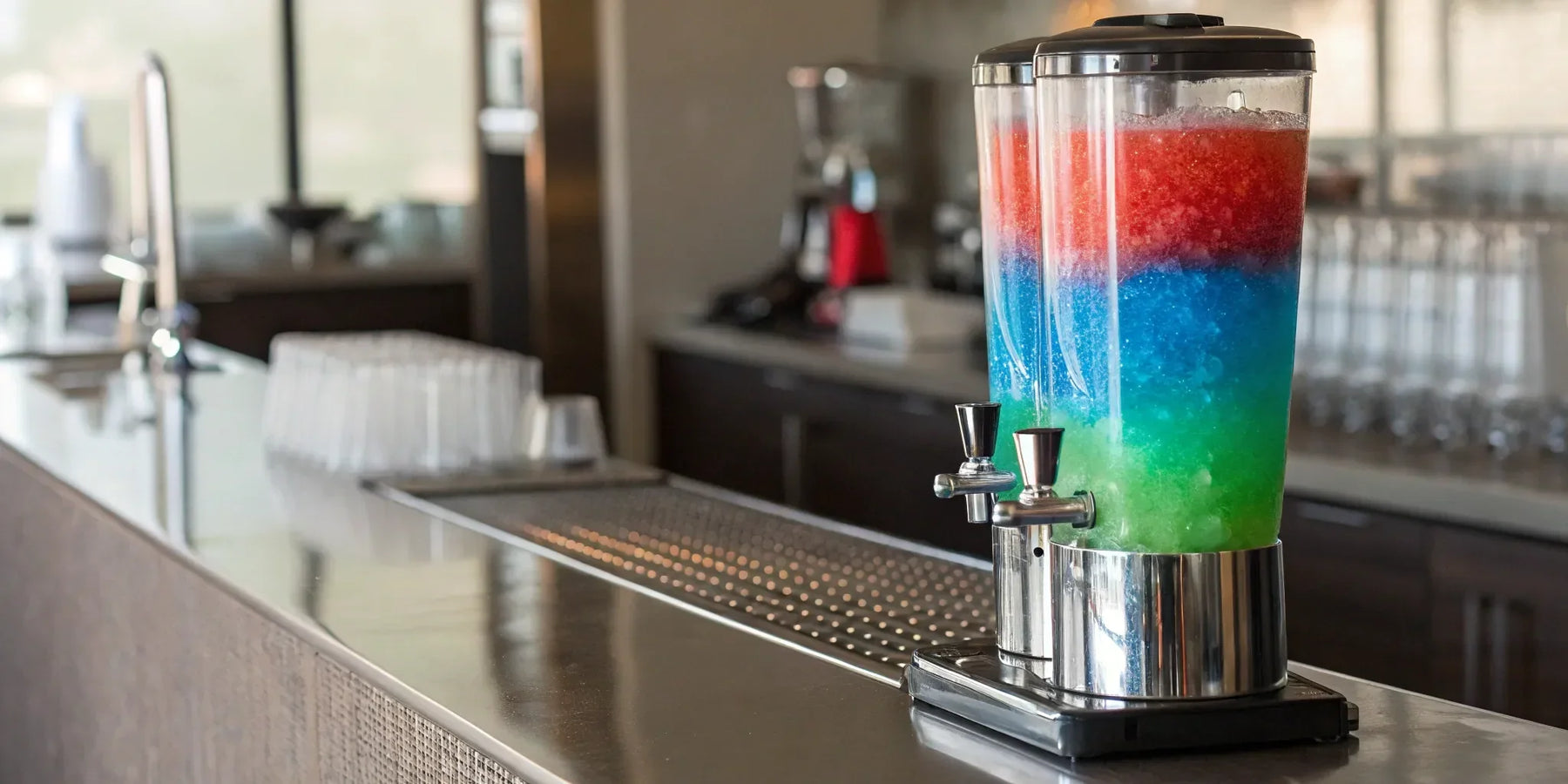 Red, blue, and green layered slushie in a machine.
