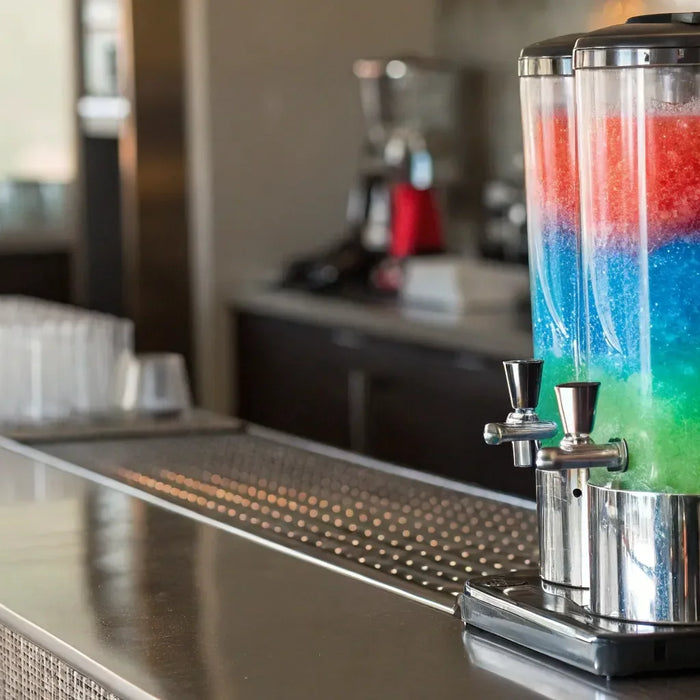 Red, blue, and green layered slushie in a machine.