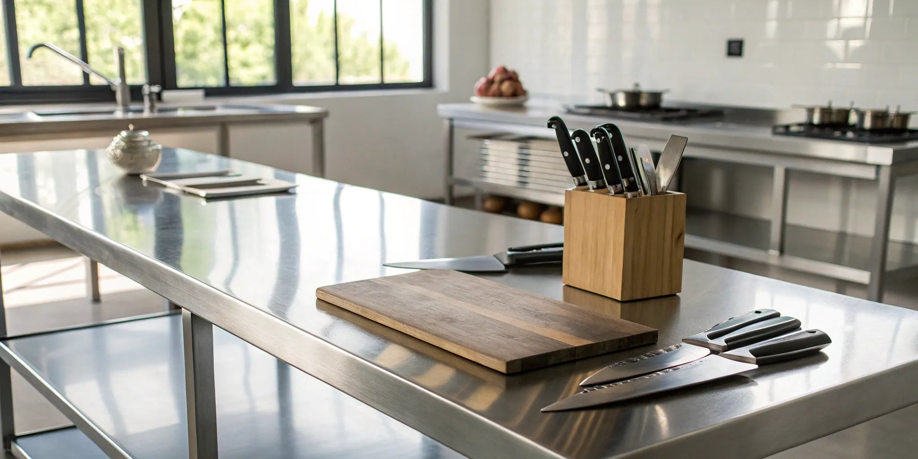 Durable stainless steel kitchen table.