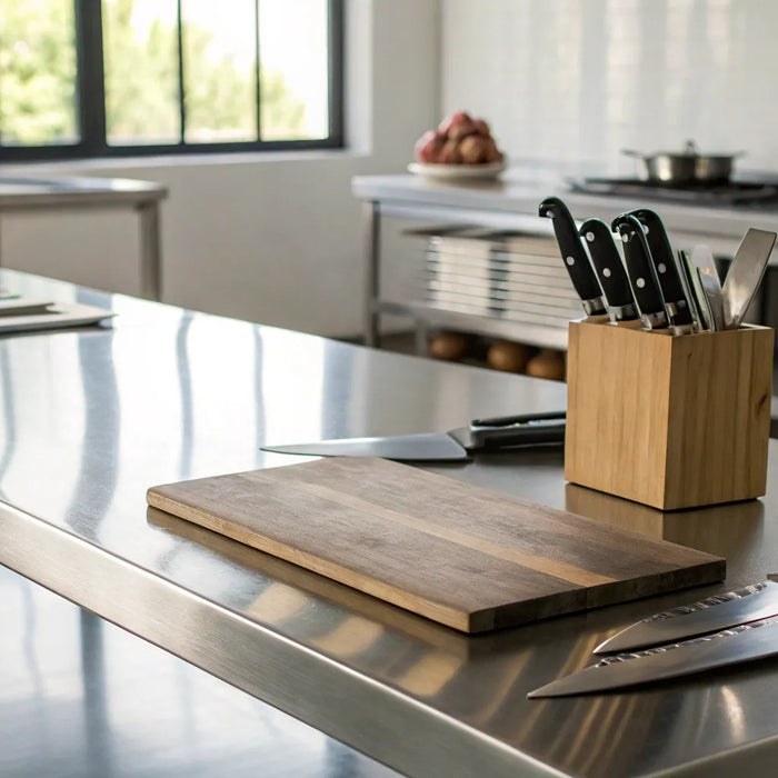 Durable stainless steel kitchen table.
