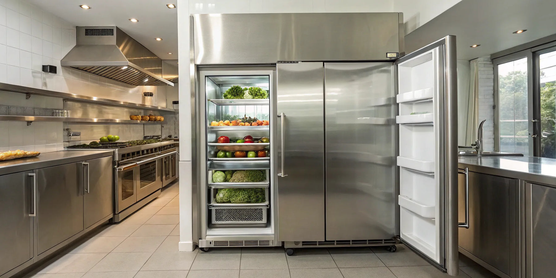 36" commercial refrigerator with open door displaying organized shelves.