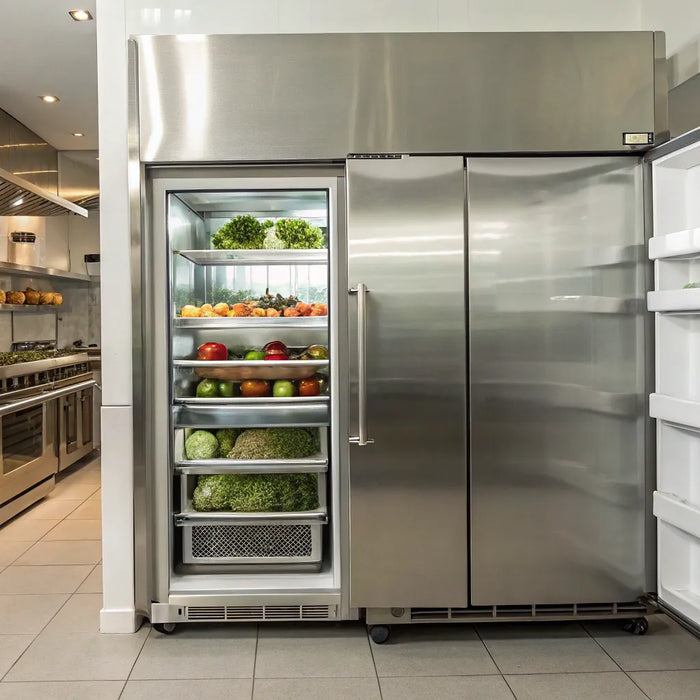 36" commercial refrigerator with open door displaying organized shelves.