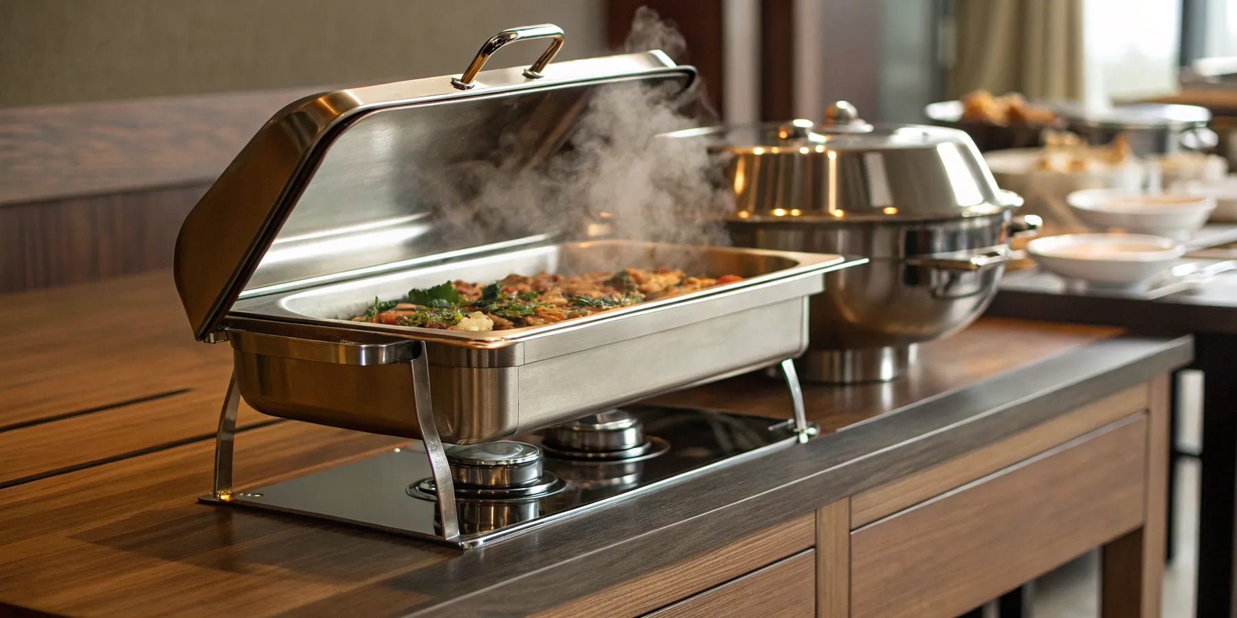 Chafing dish set keeps food warm.