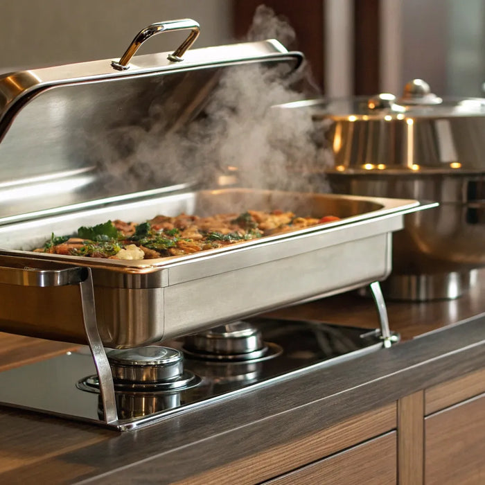 Chafing dish set keeps food warm.