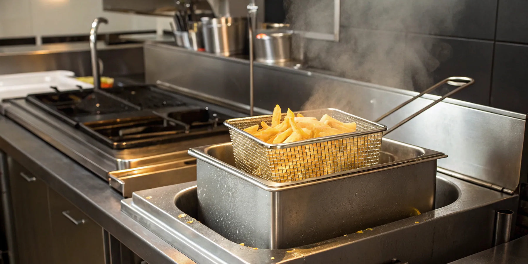 Commercial fryer basket filled with golden french fries.