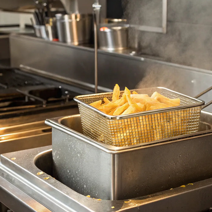 Commercial fryer basket filled with golden french fries.