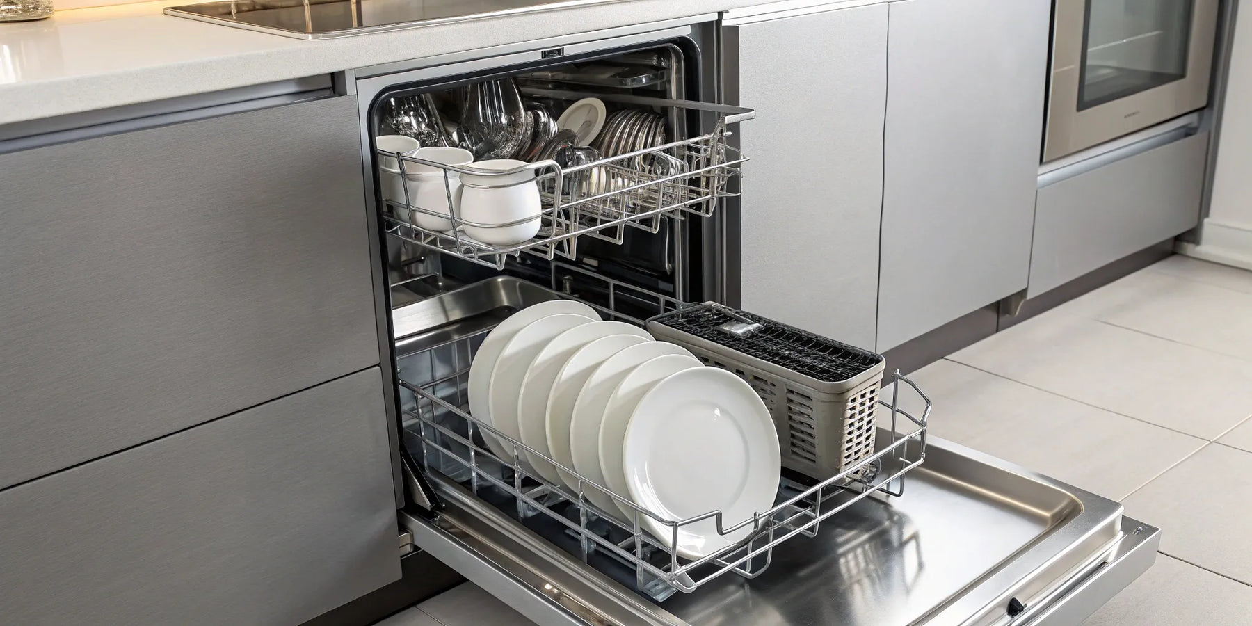 Clean dishes in an open commercial restaurant dishwasher.