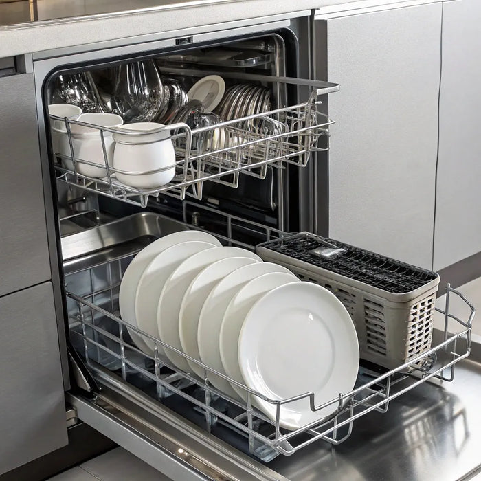 Clean dishes in an open commercial restaurant dishwasher.