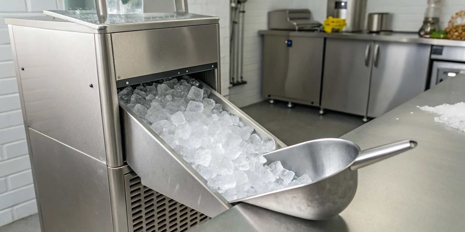 Ice machine dispensing ice.