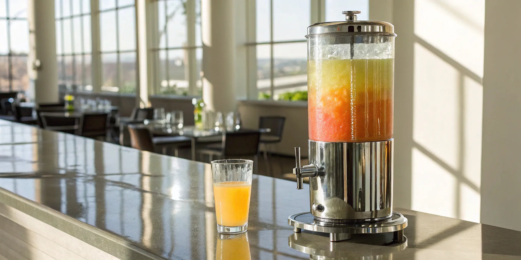 Commercial juice dispenser filled with colorful juice.