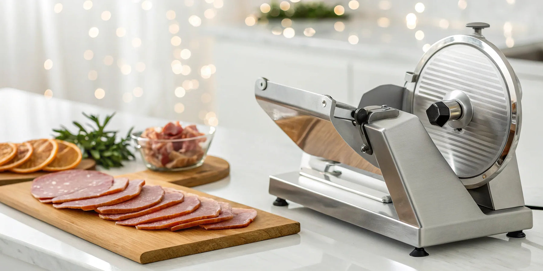 Meat slicer machine on a deli counter.