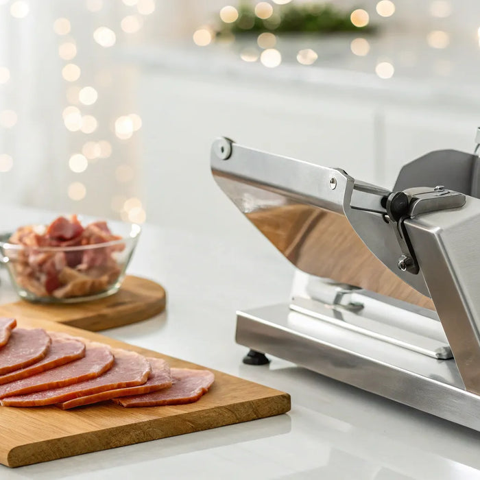Meat slicer machine on a deli counter.