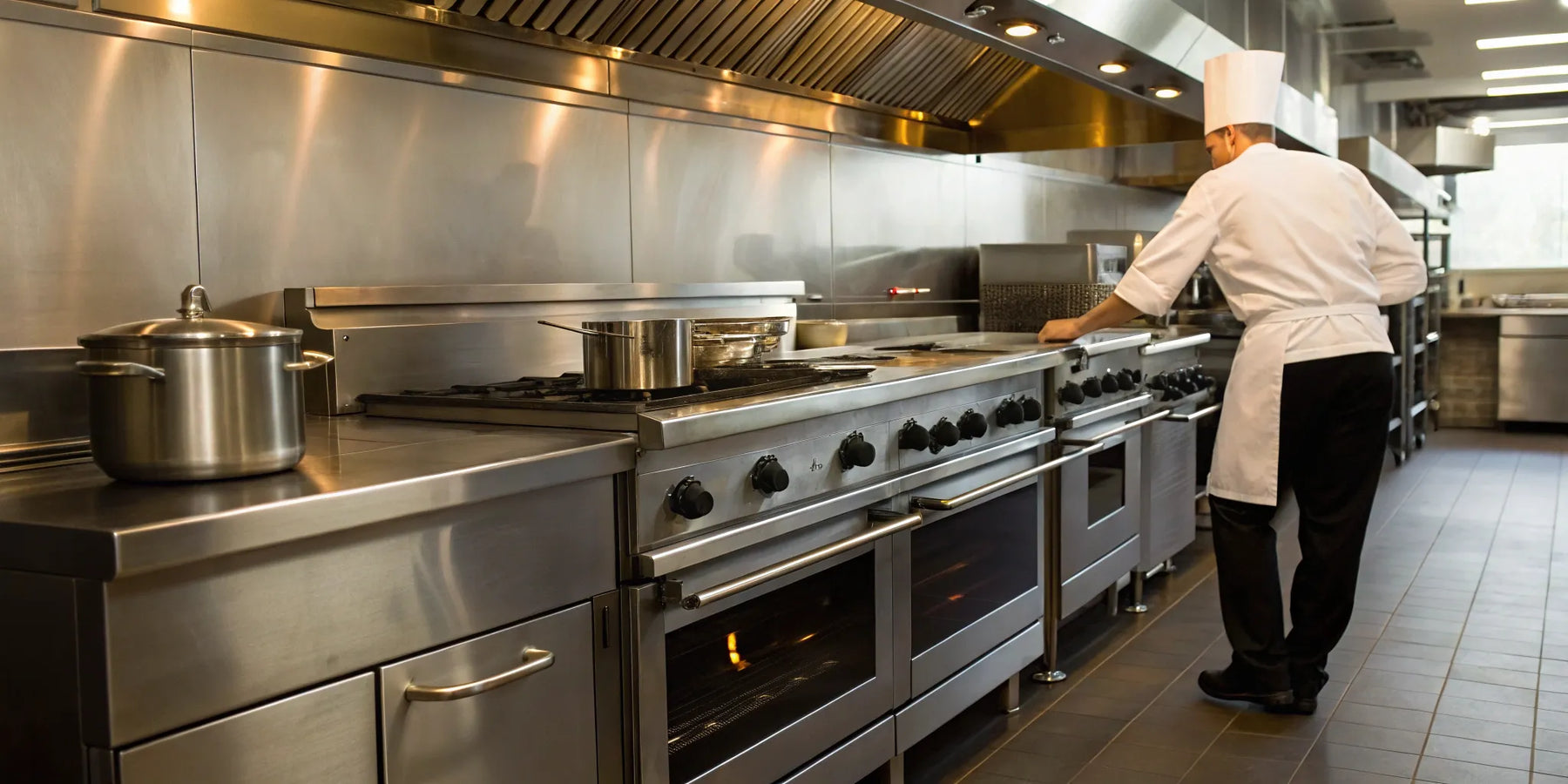 Chef inspects stainless steel restaurant equipment.