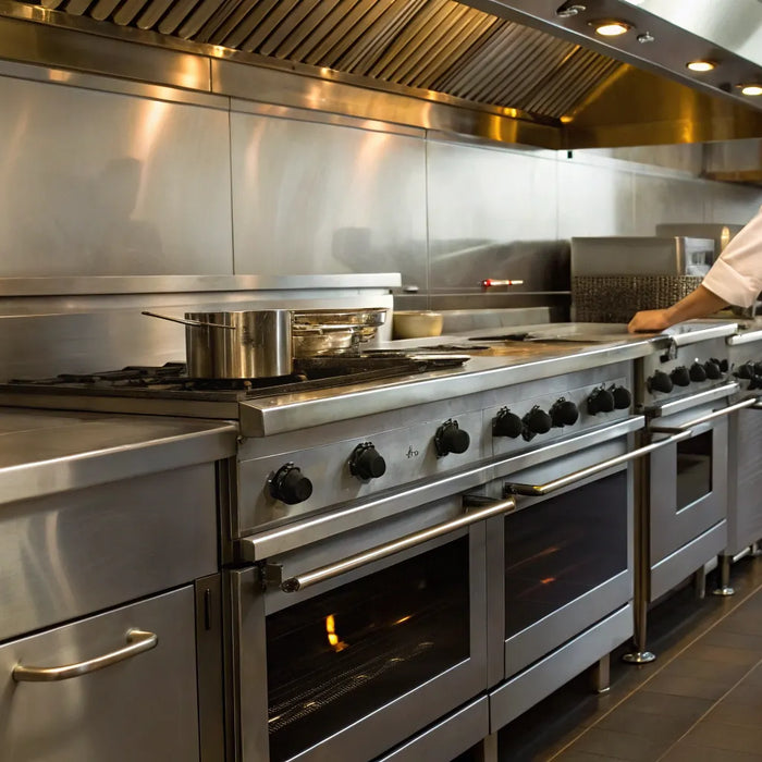 Chef inspects stainless steel restaurant equipment.