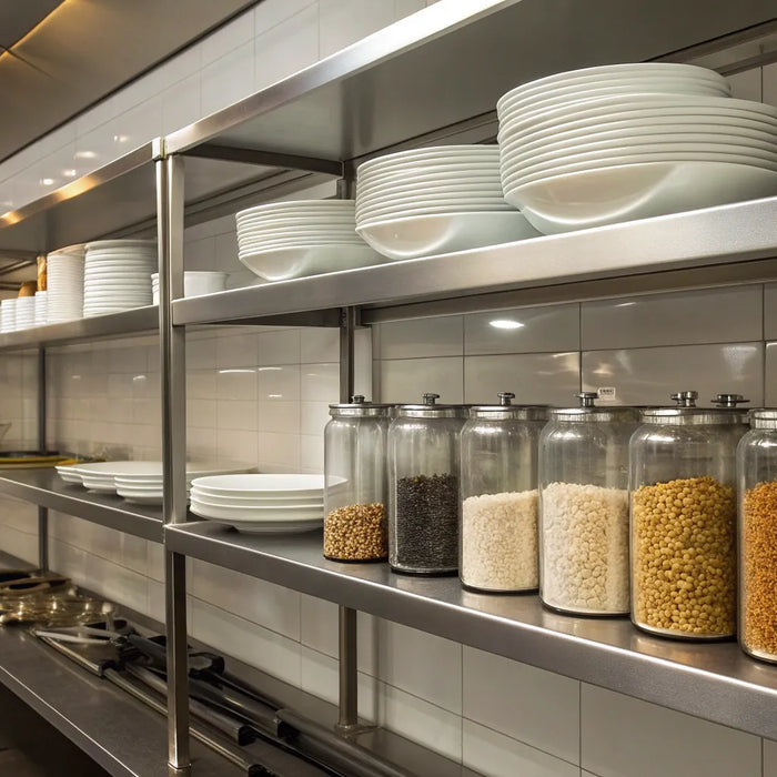 Durable stainless steel shelves for organized storage.