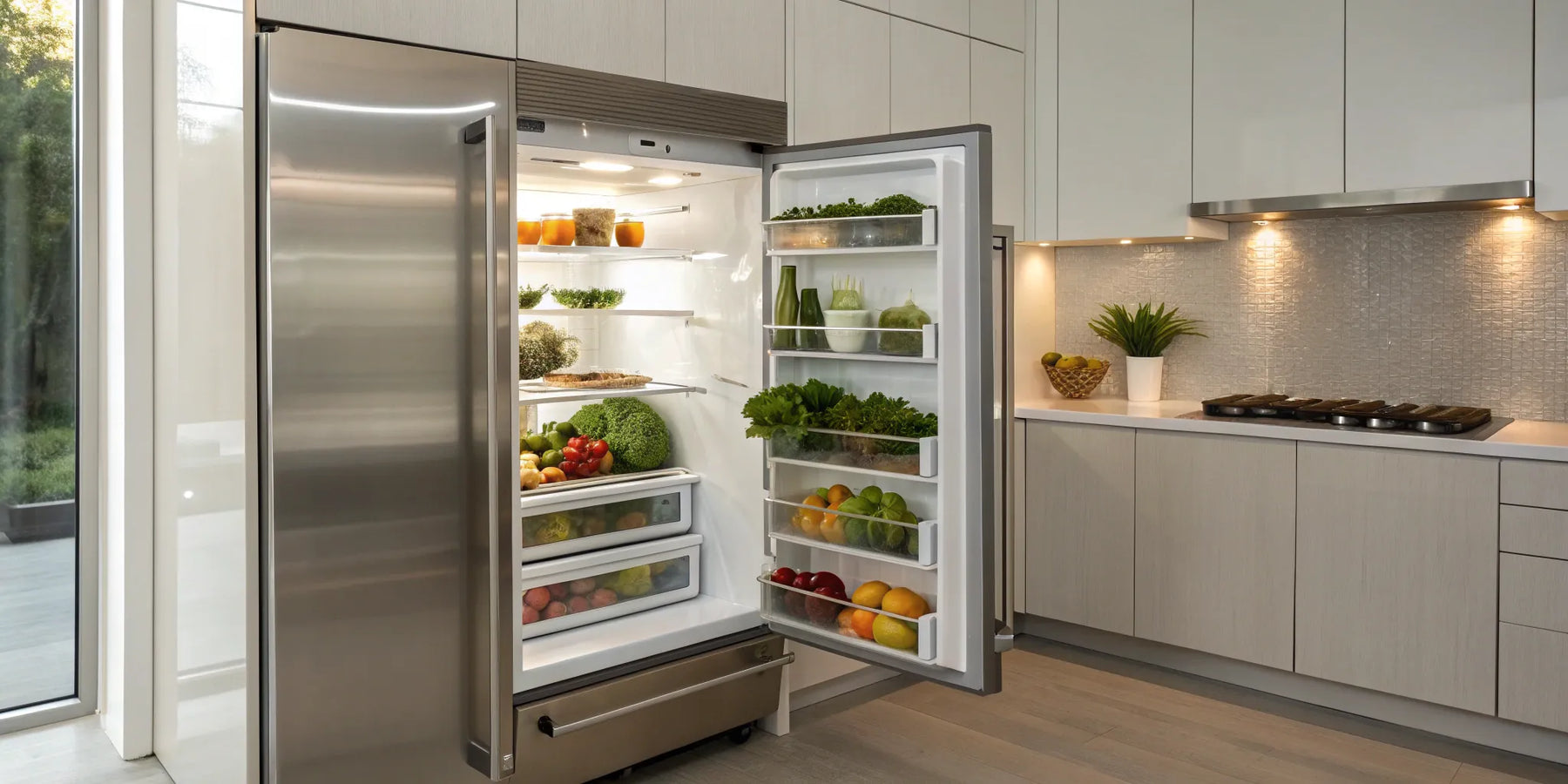 A modern under the cabinet refrigerator with organized produce in a sleek kitchen.