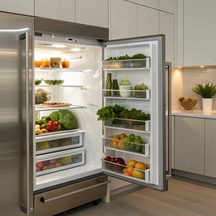A modern under the cabinet refrigerator with organized produce in a sleek kitchen.